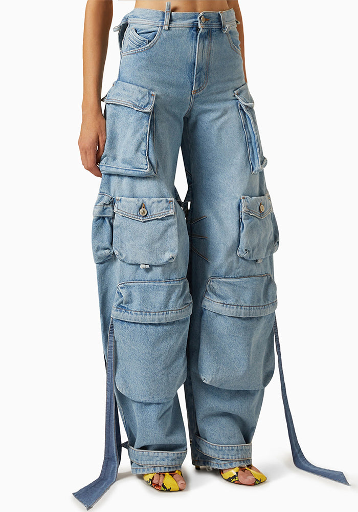 Women Street Denim Washed Cargo Wide-Leg Pants