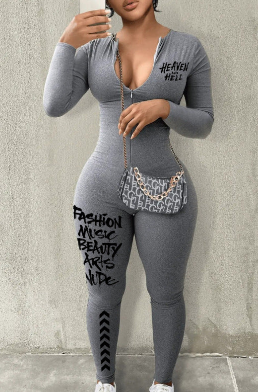 Fashionable Women 's Printed Zipper Long Sleeves Jumpsuit