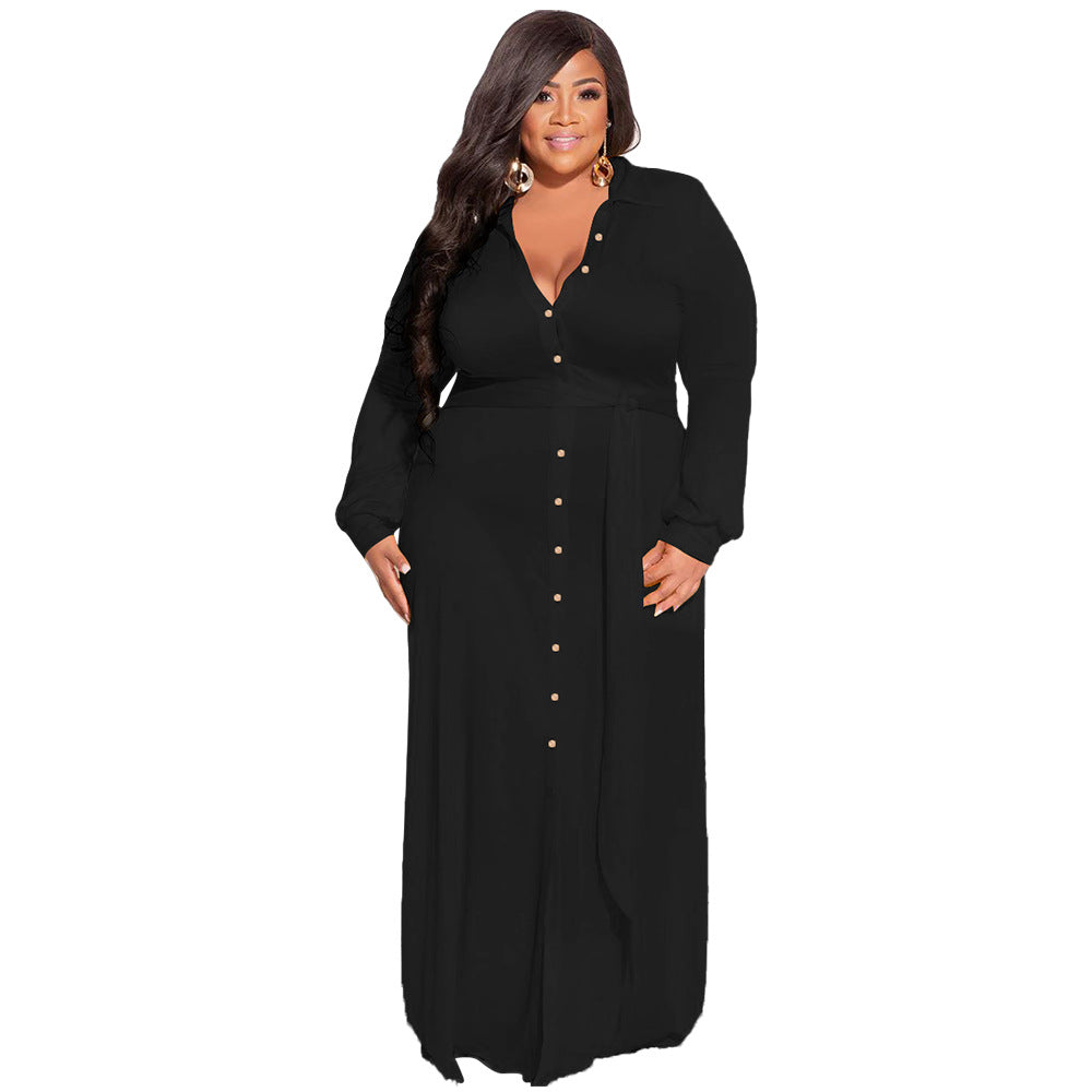 Plus Size Women Solid Tie Long Sleeve Shirt Dress 12