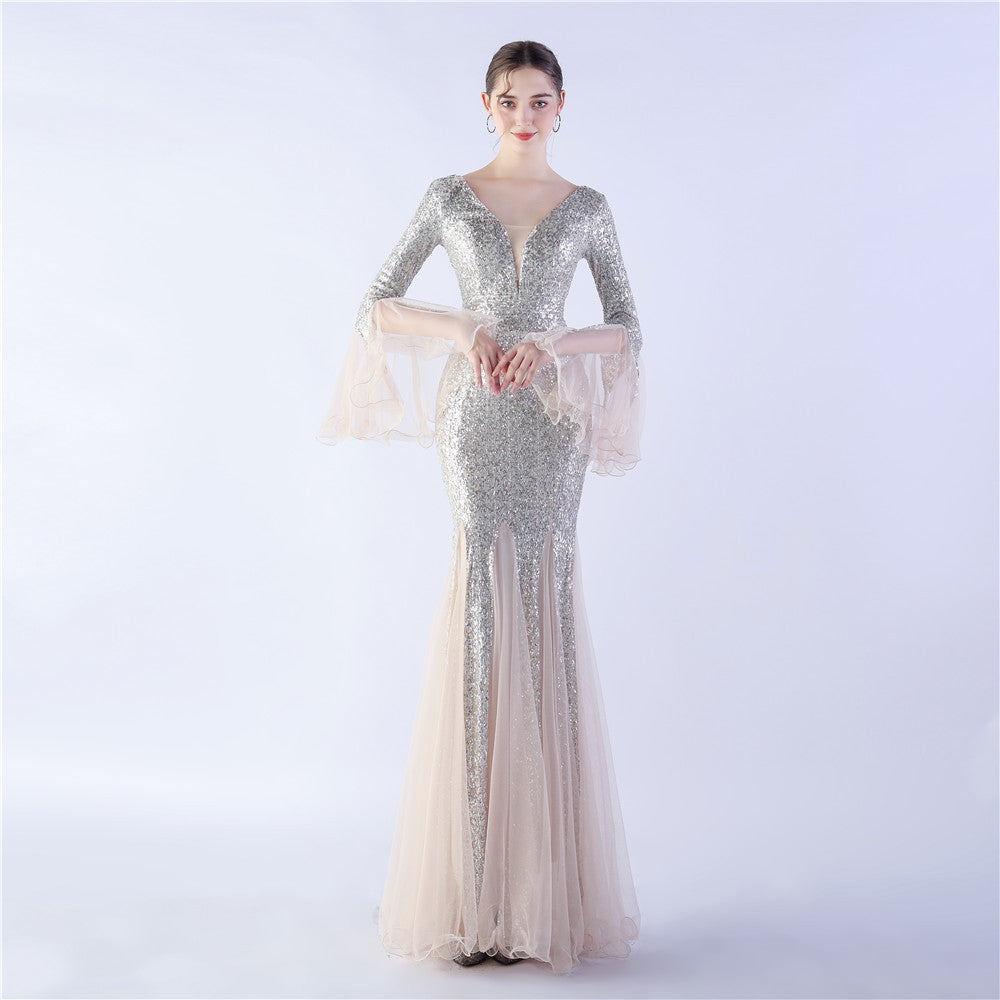Elegant Flare Mesh Patchwork Mermaid Wedding Dinner Sequins Evening Dress 6
