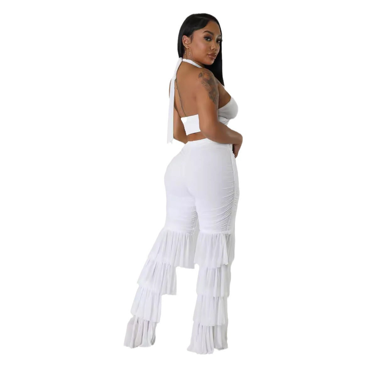 Women's Cross Halter Neck Solid Color Top Sexy Slim Mesh Tassel Pants Two Piece Set 8