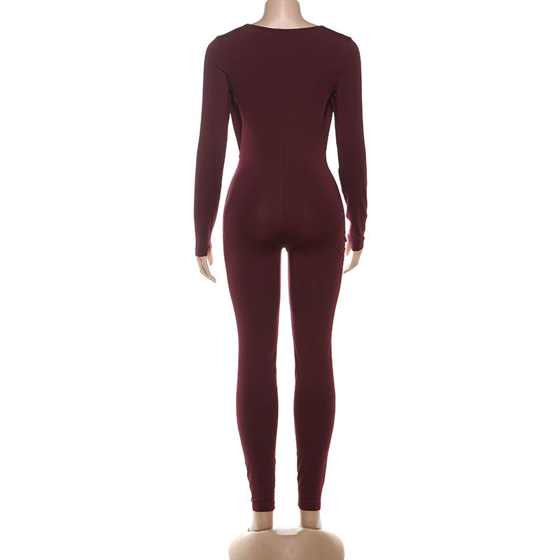 Summer Women's Fashion Sexy Draped Neck Slim Waist Bodycon Solid Color Jumpsuit 8