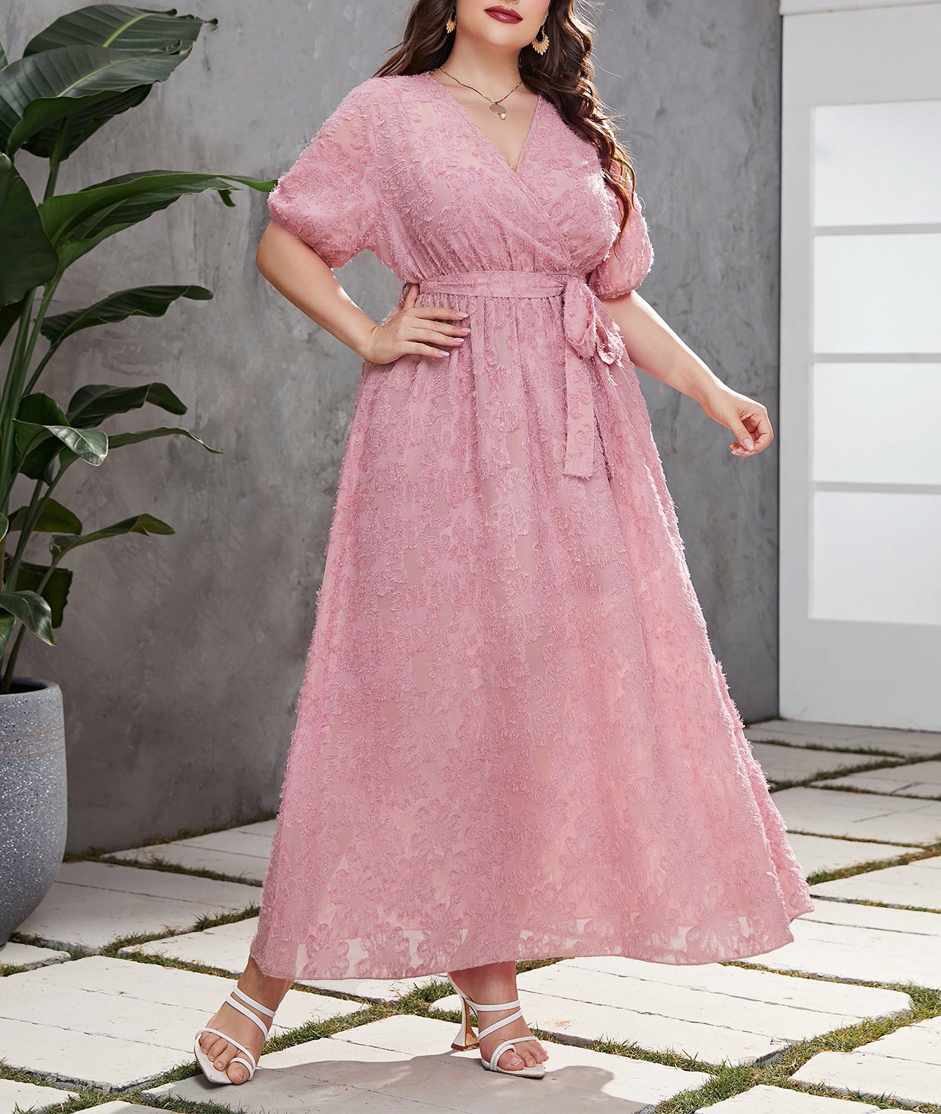 Plus Size Women's Elegant Wrap V-Neck Lace Chic Slim Waist Long Dress 3