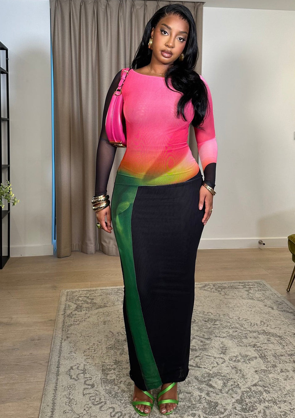 Women double mesh elegant long sleeve dress 3