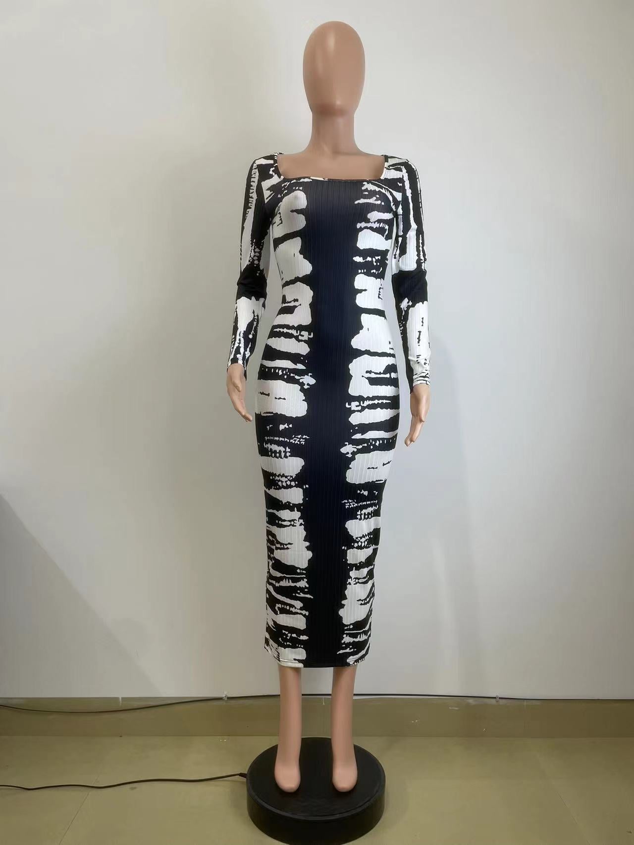 Women Spring Ribbed Printed Back Slit U-Neck Dress 5