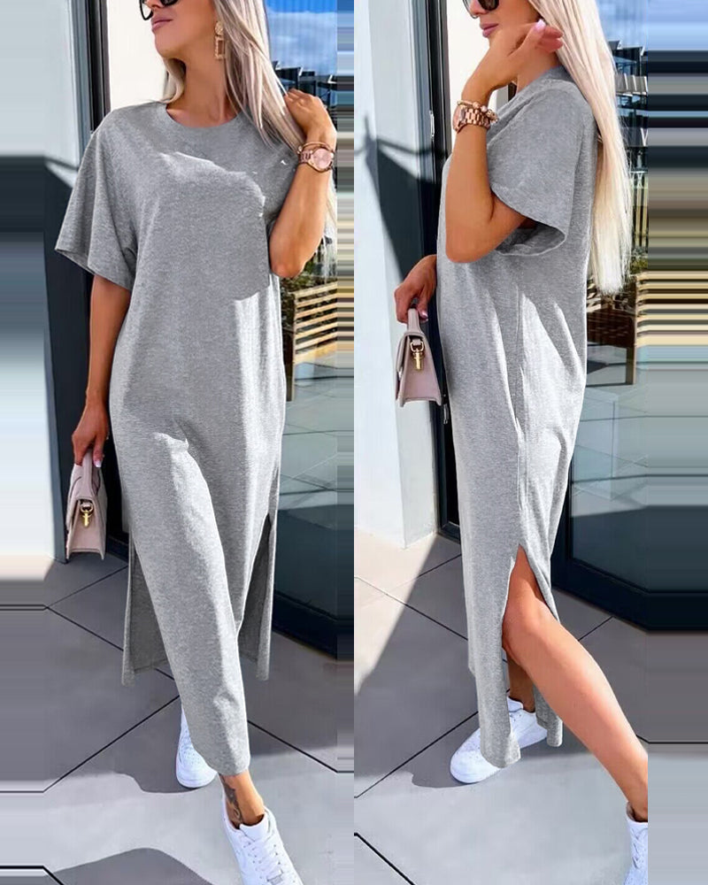 Solid Color Short-Sleeved Slit Casual Long Dress 3