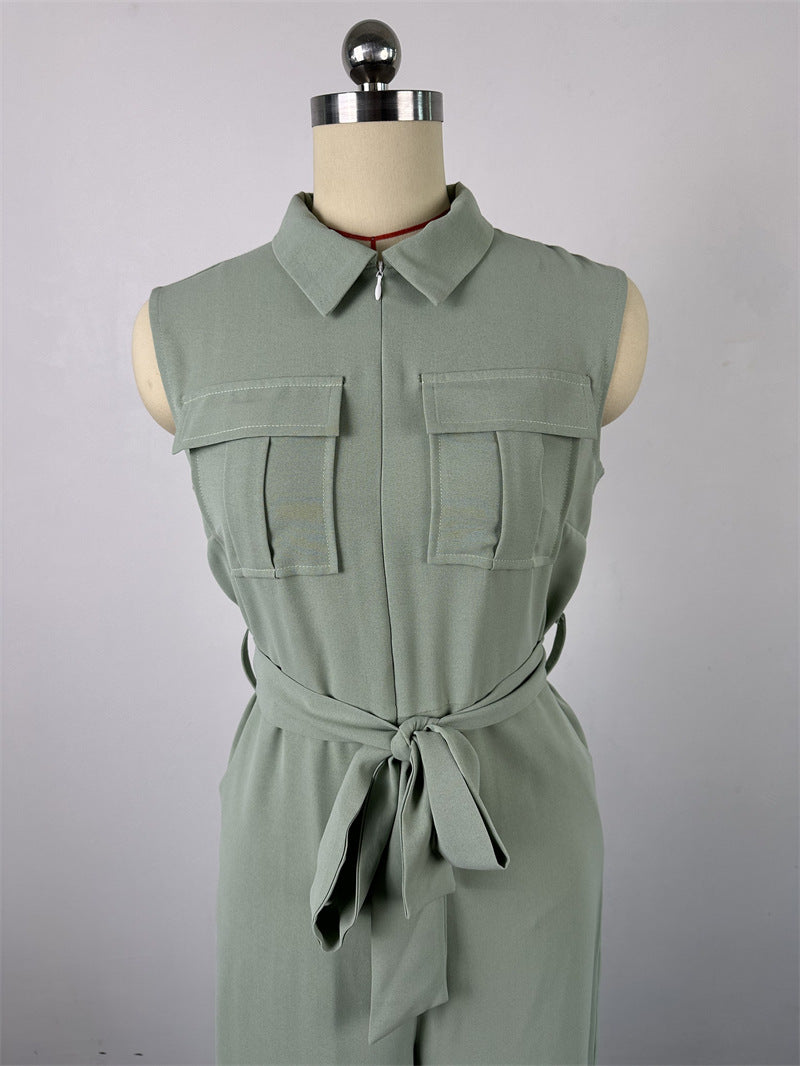 Women's Winter And Spring Turndown Collar Pocket Slim Waist Loose Wide Leg Sleeveless Jumpsuit 12