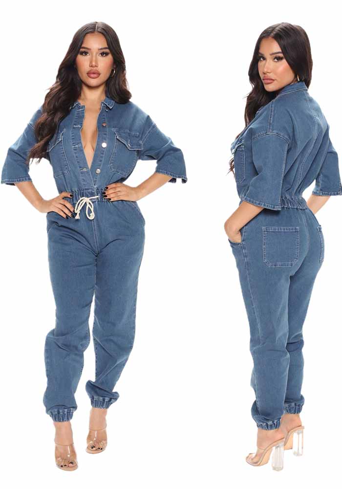 Women Casual Pocket Half Sleeve Denim Jumpsuit