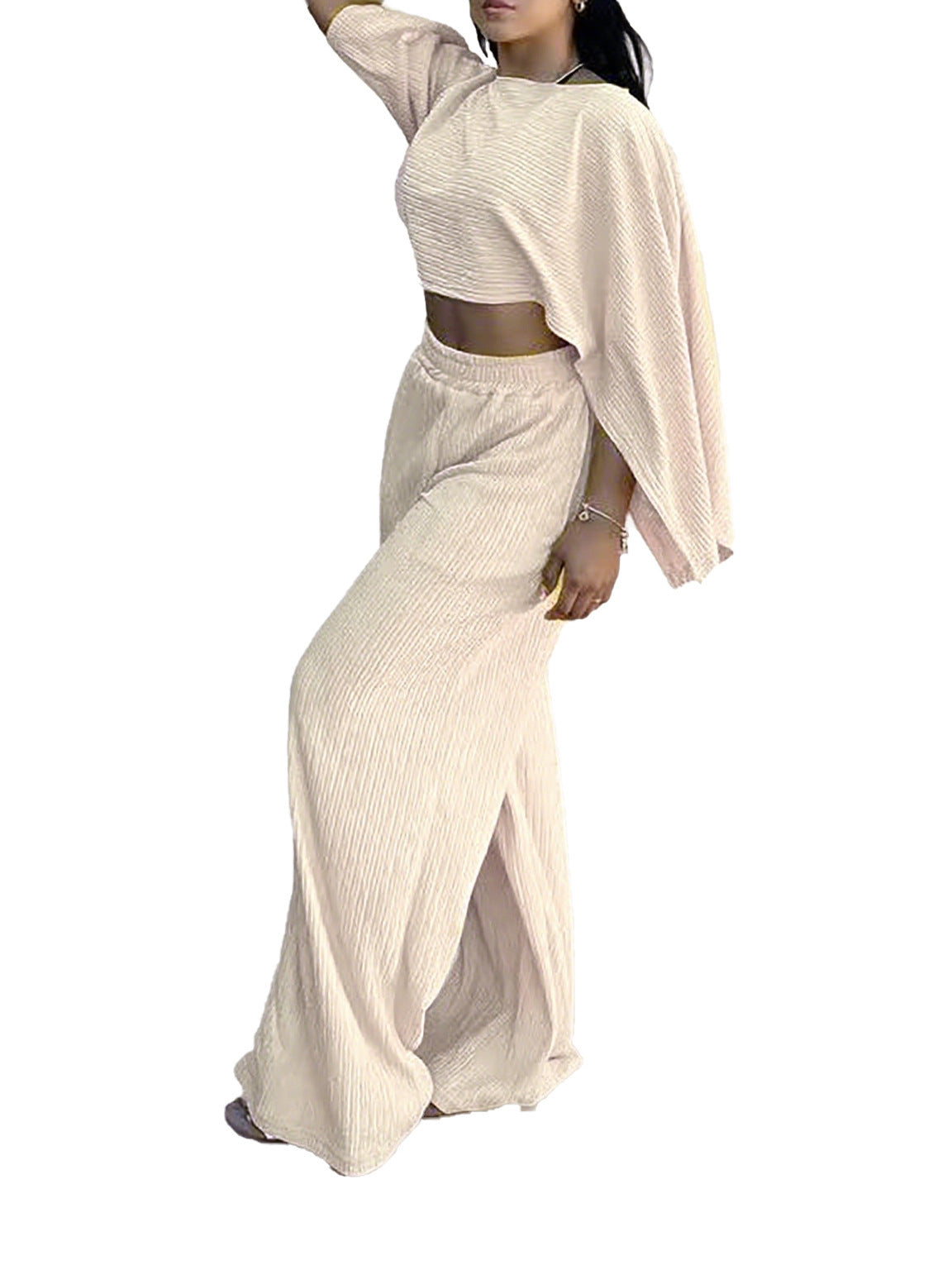 Women's Fashion Sexy Beach Holidays Solid Slash Shoulder Irregular Top with Elastic Waist Pockets Long Pants Set 6