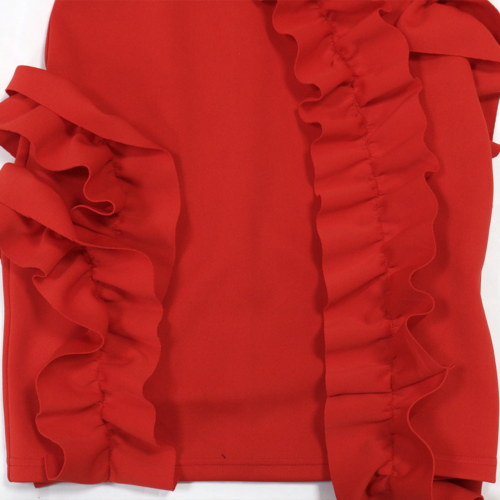 Women one shoulder ruffle edge formal party bodycon dress 15