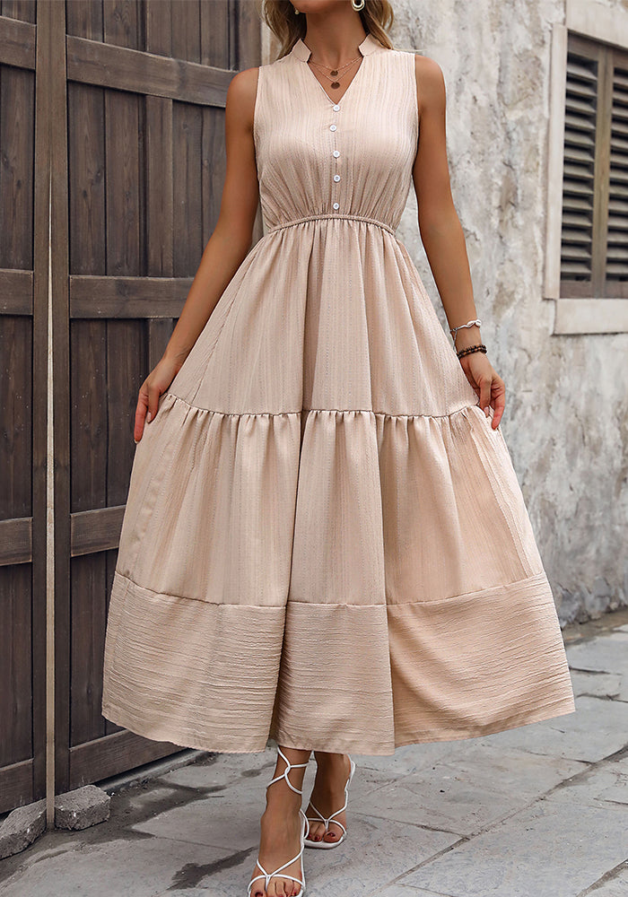 Women V-Neck Summer Sleeveless Patchwork Stand Collar Dress