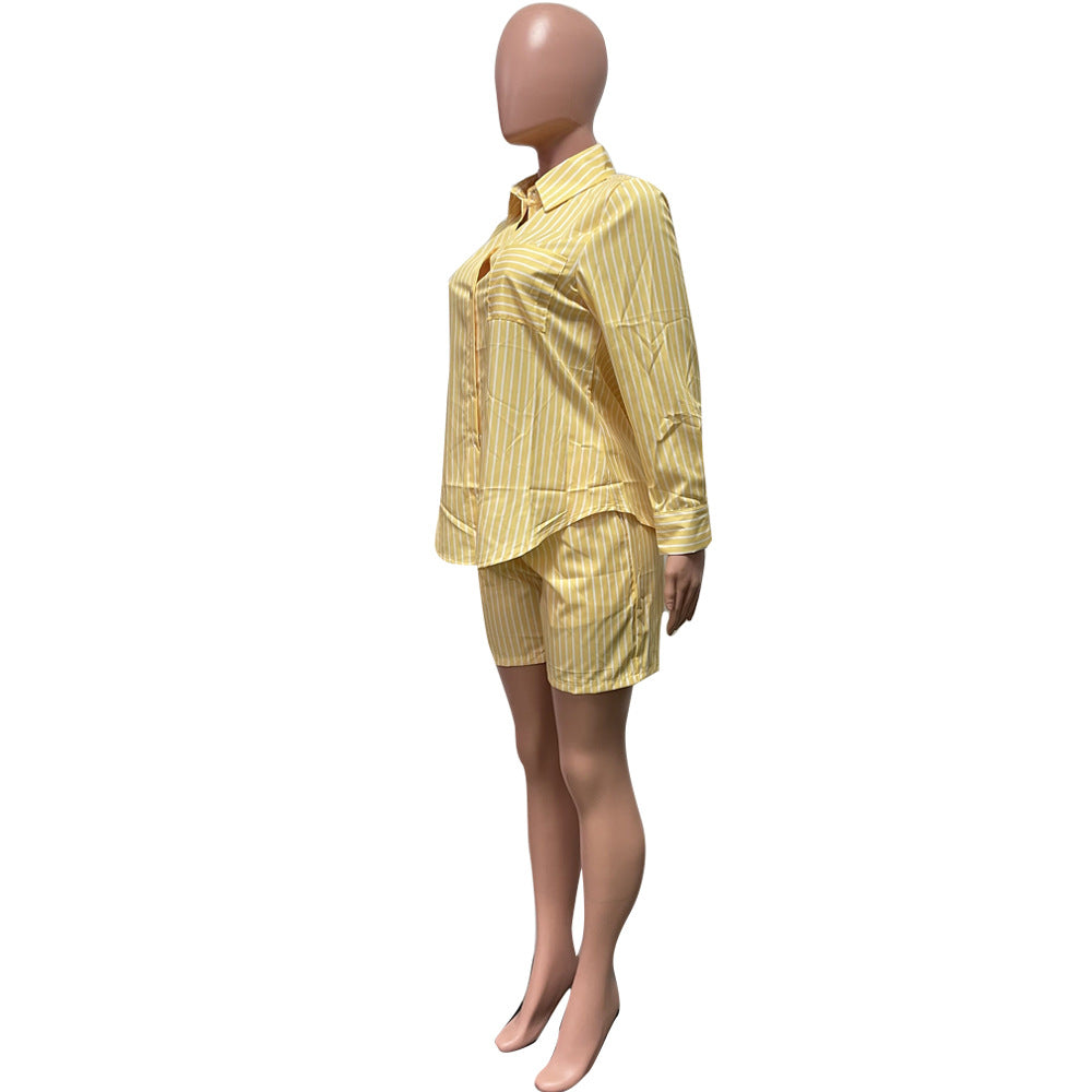 Women's Fashion Casual Stripe Patch Pocket Summer Shirt Shorts Two-Piece Set 23