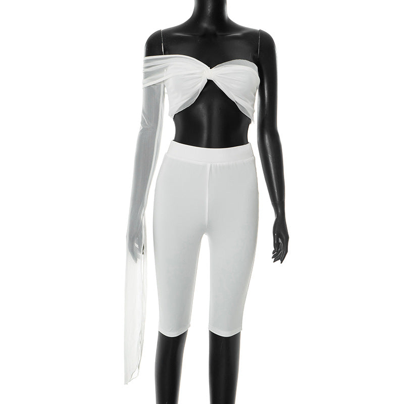 Women's Spring-Summer See-Through Mesh One-Sleeve Slim Tight Two-Piece Shorts Set 16