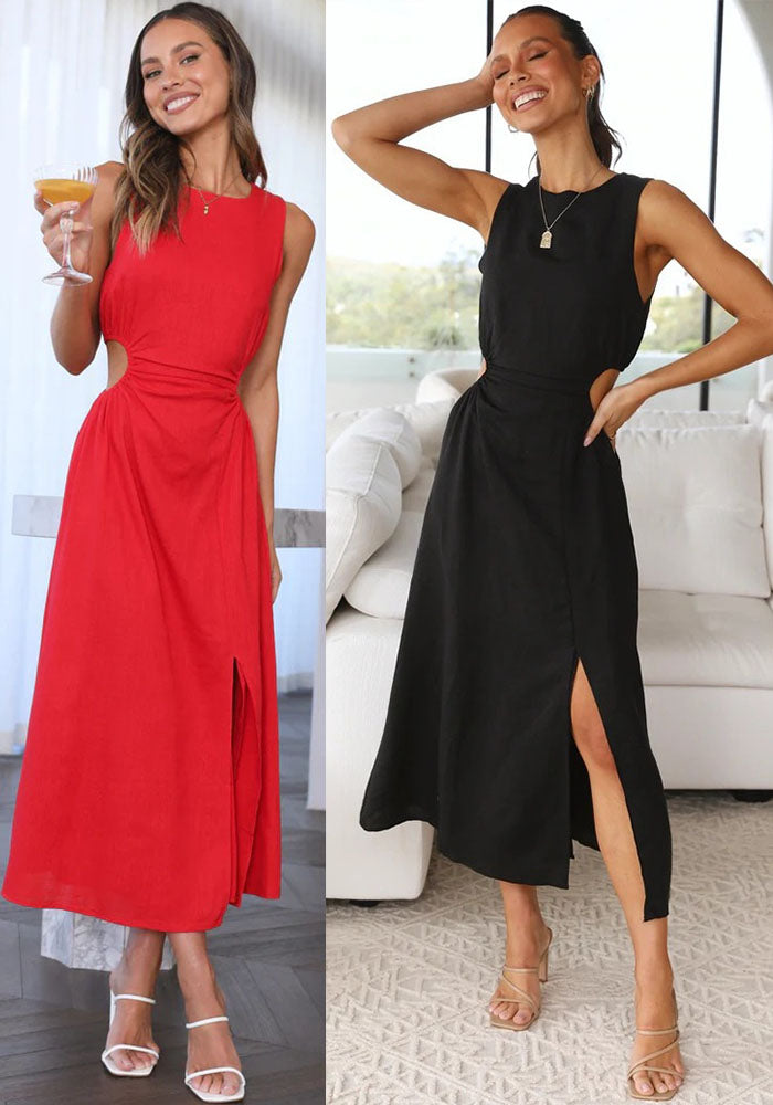 Women summer solid round neck dress