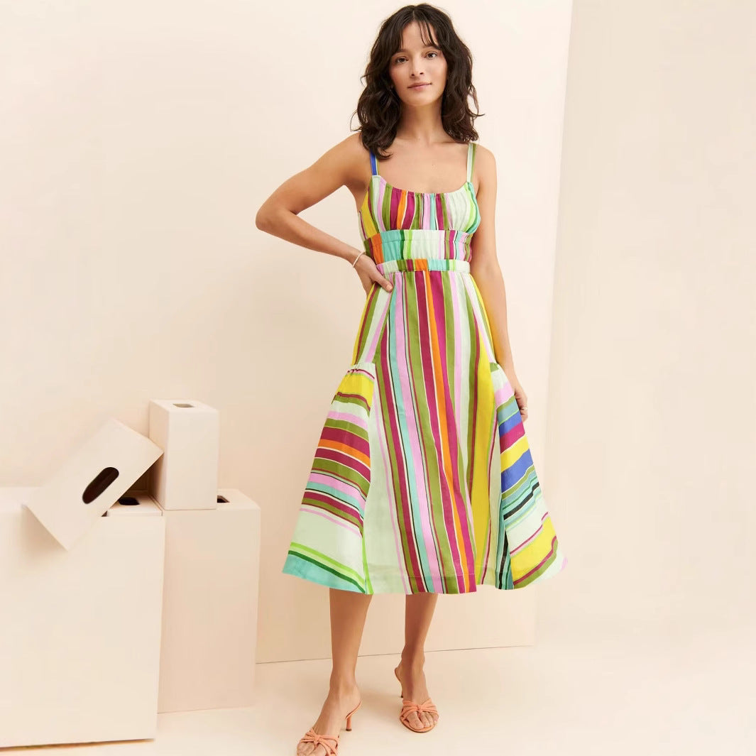 Women Bohemian Holidays Back Hollow Tassel Lace-Up Pocket Stripe Strap Dress 5