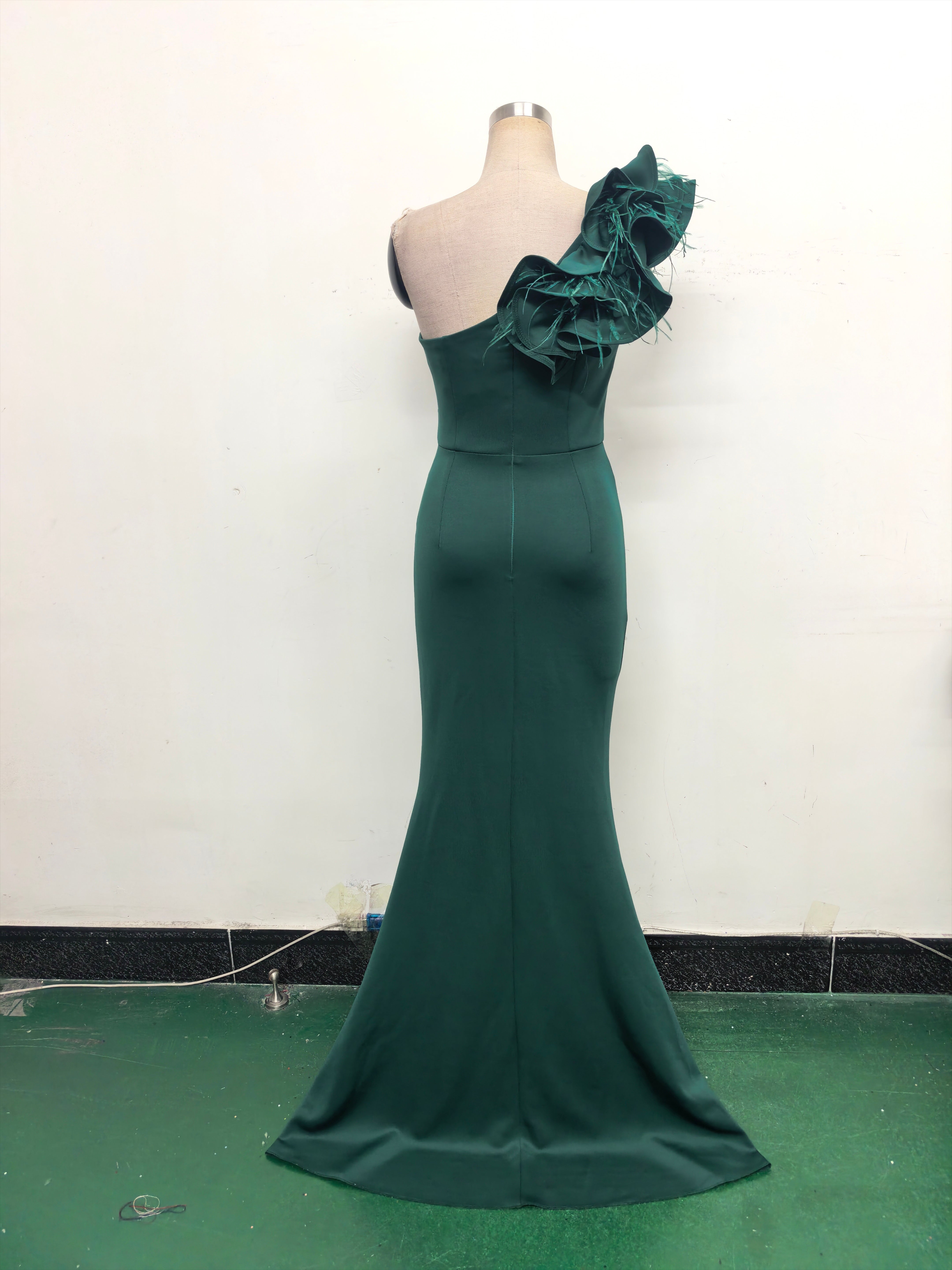 Women One-Shoulder Beaded Wool and Floral Satin Slit Sexy Evening Dress 15