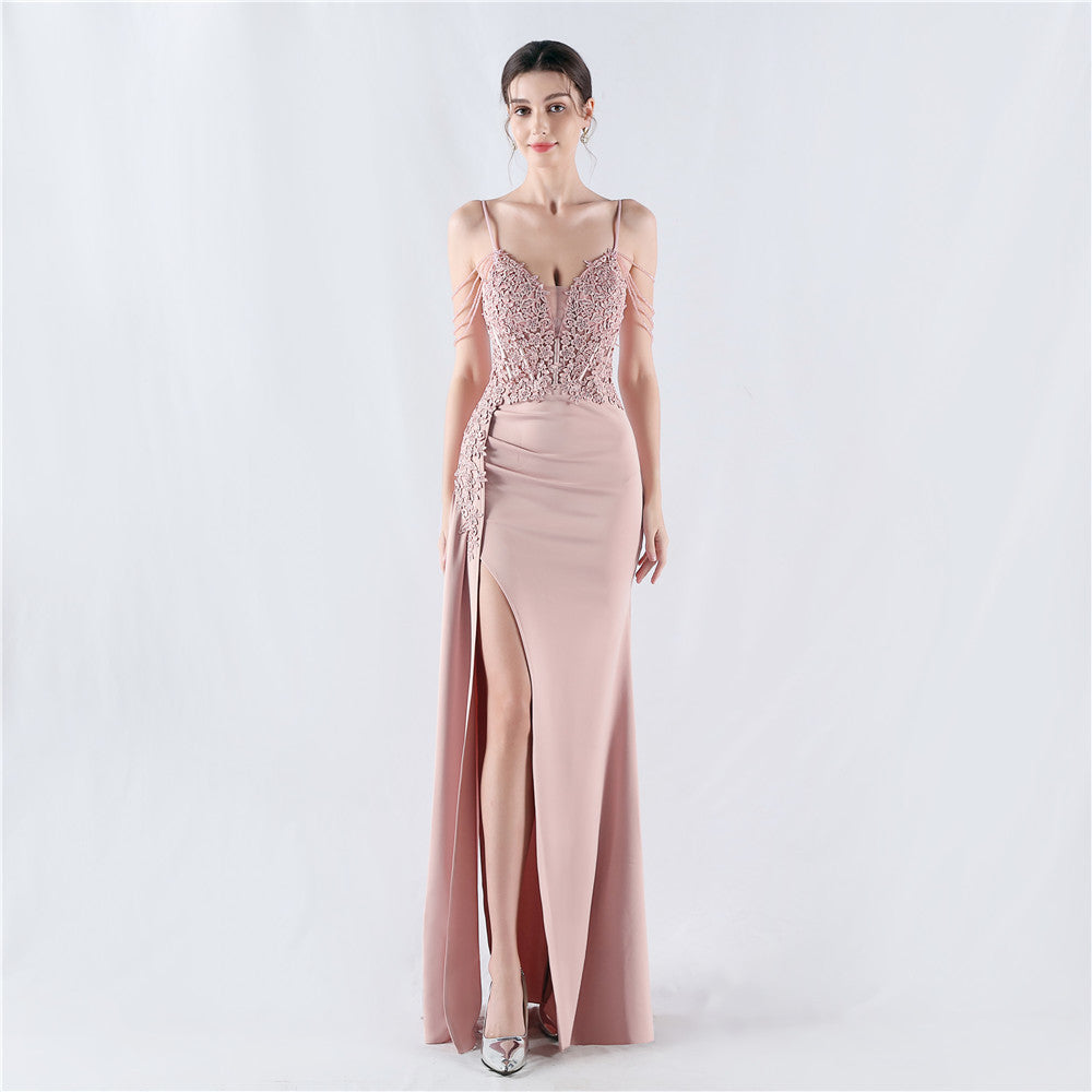 Women Beaded Flowered Fishbone Beaded Evening Dress 14