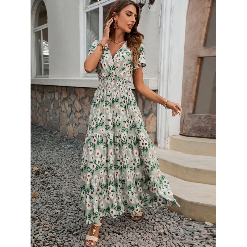 Summer V-Neck Short-Sleeved Print Cotton Dress Women's Fashion Chic Slim Waist Slim Fit Long Dress 7