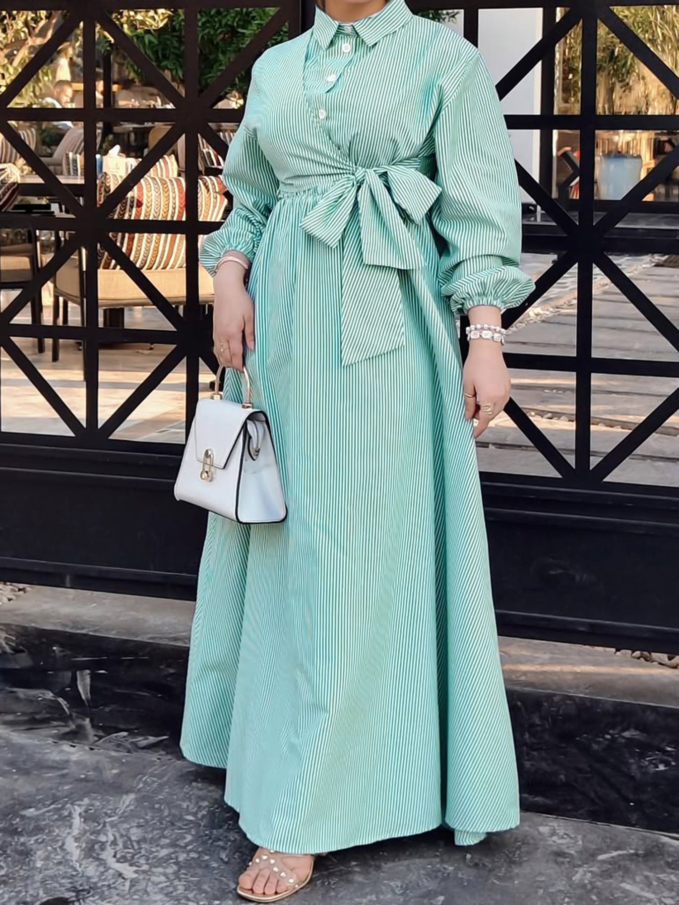 Women's Striped Long Sleeve Turndown Collar Elegant Casual Belted Long Dress