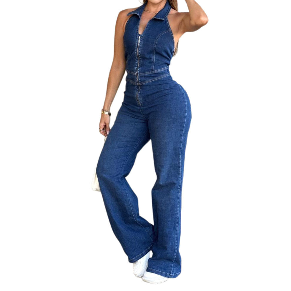 Women's Spring Sleeveless Fashion Halter Low Back Denim Jumpsuit 3