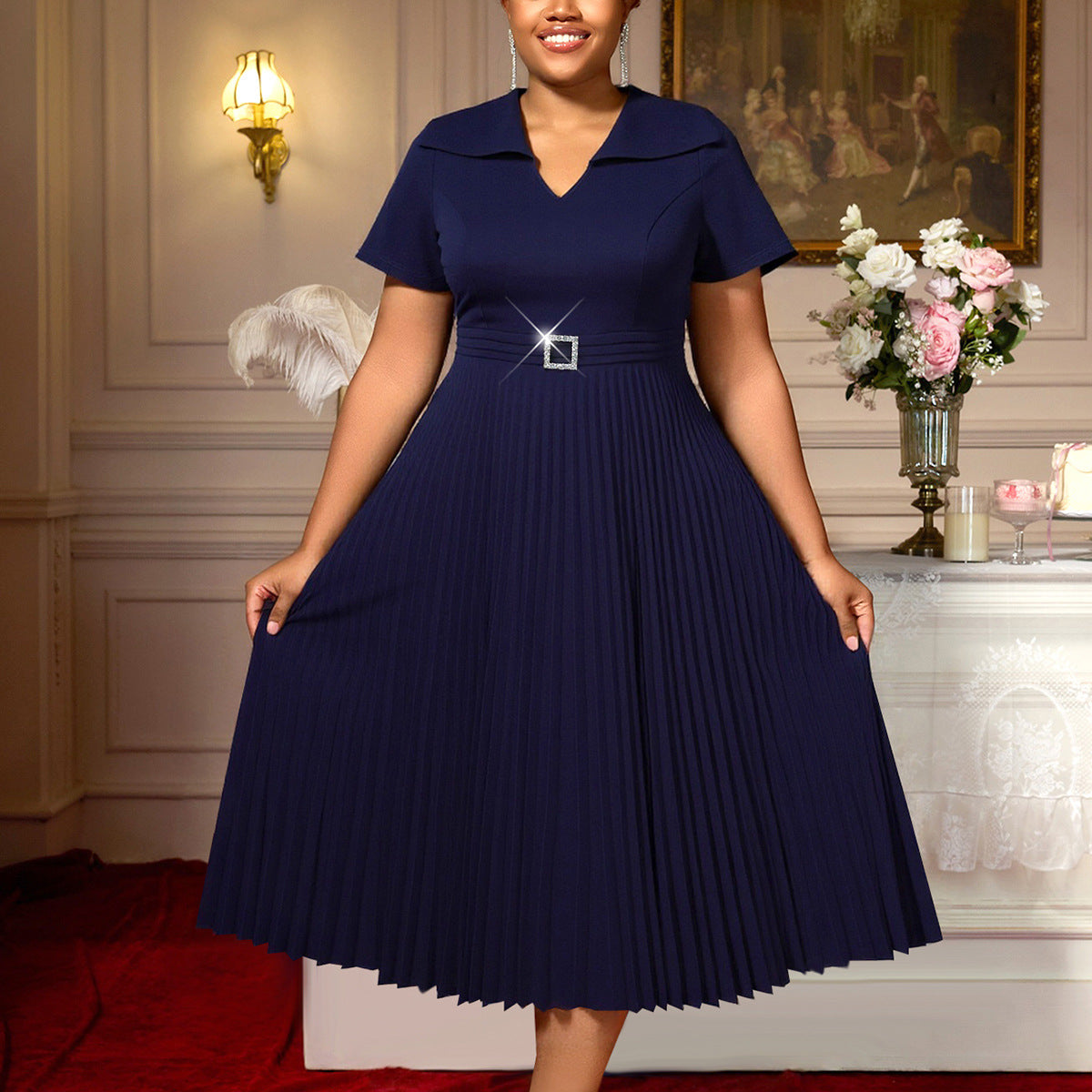 Plus-Size Women V-Neck Square-Button Elegant Pleated Dress 5