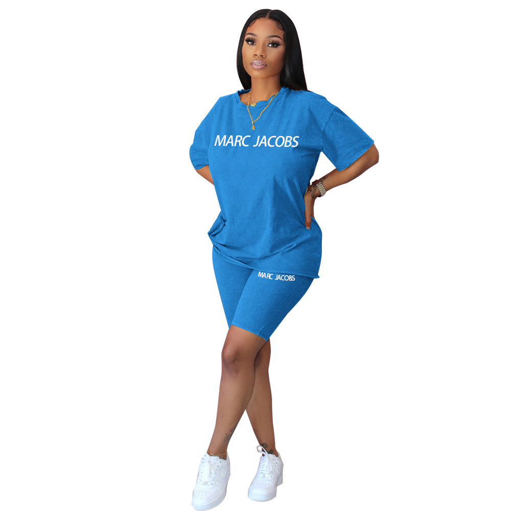 Women Casual Letter Print Short Sleeve Top and Short Two-Piece Set 14