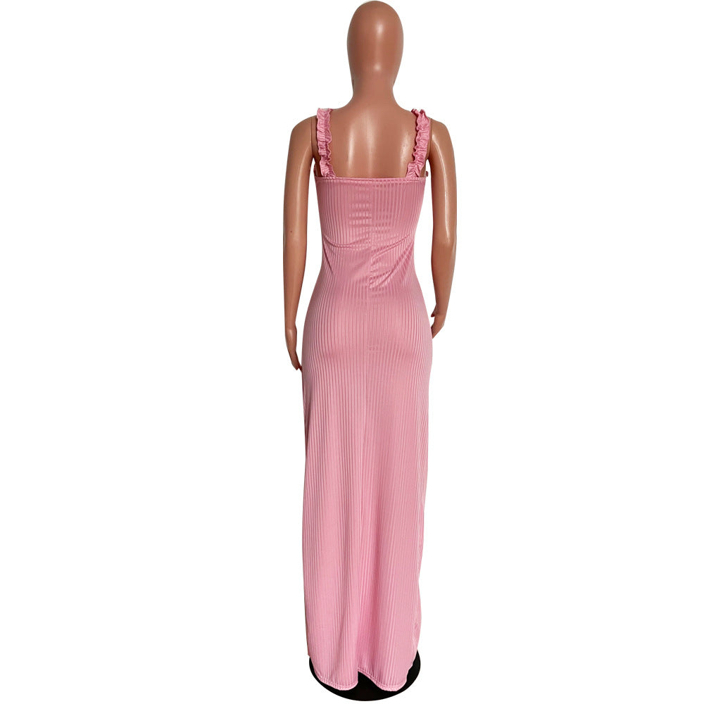 Summer Women's Solid Color Ribbed Ruffle Strap Side Slit Long Dress 13