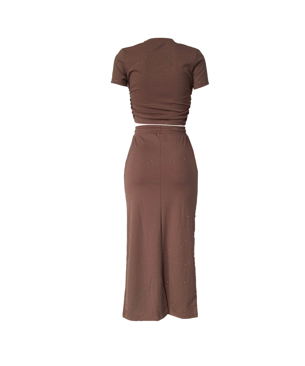 Women's Casual and Fashionable Summer Short Sleeve Two Piece Long Skirt Sets 14