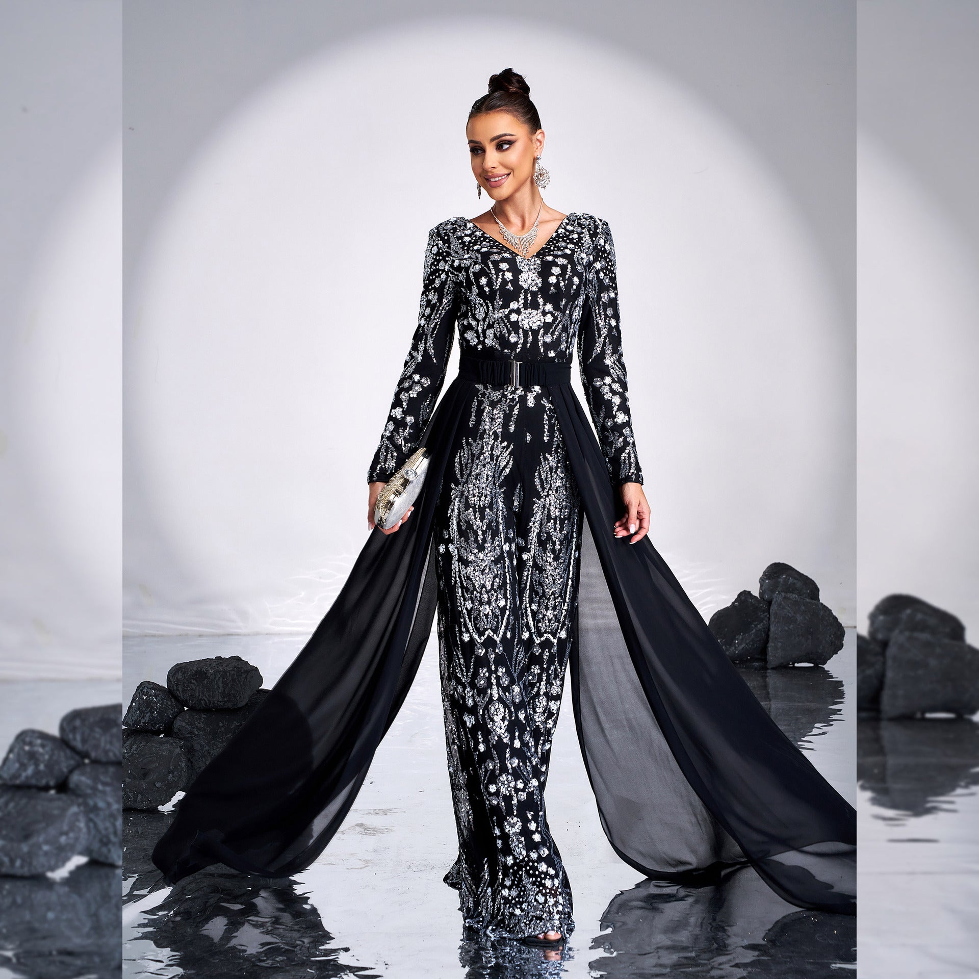 Women Chic V-Neck Long Sleeve Long Sequin Formal Party Jumpsuit 6