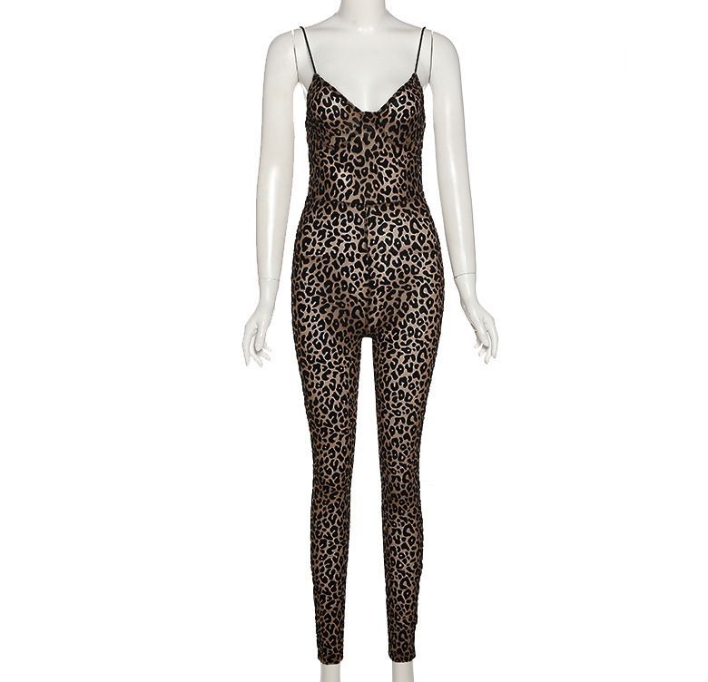 Women’s Sexy Leopard Print Straps Low-Cut Slim Jumpsuit 6