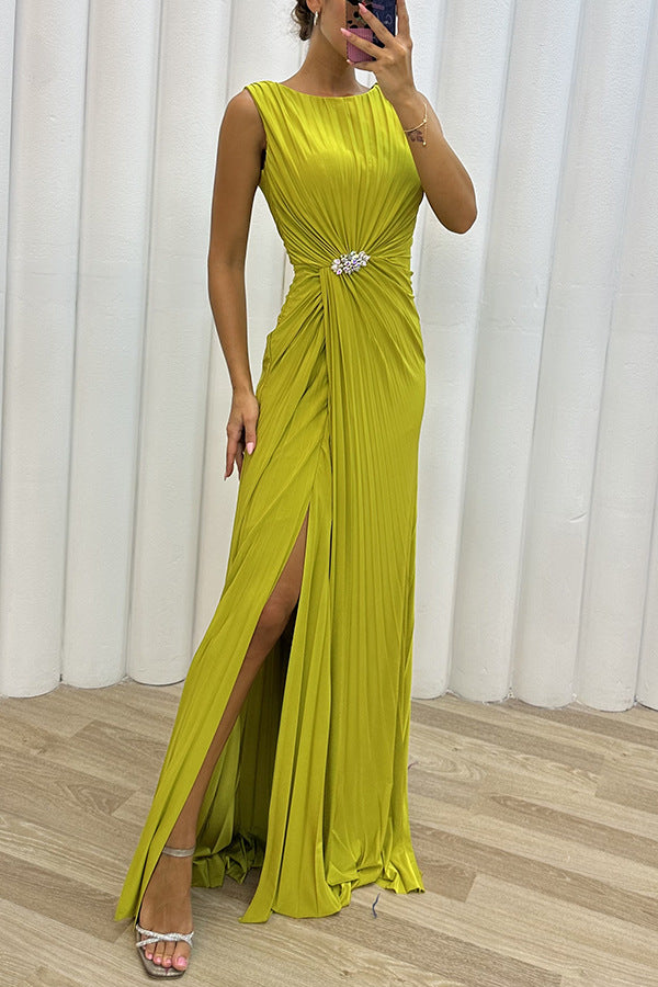 Pleated Slit Sleeveless Fashion Evening Dress For Women