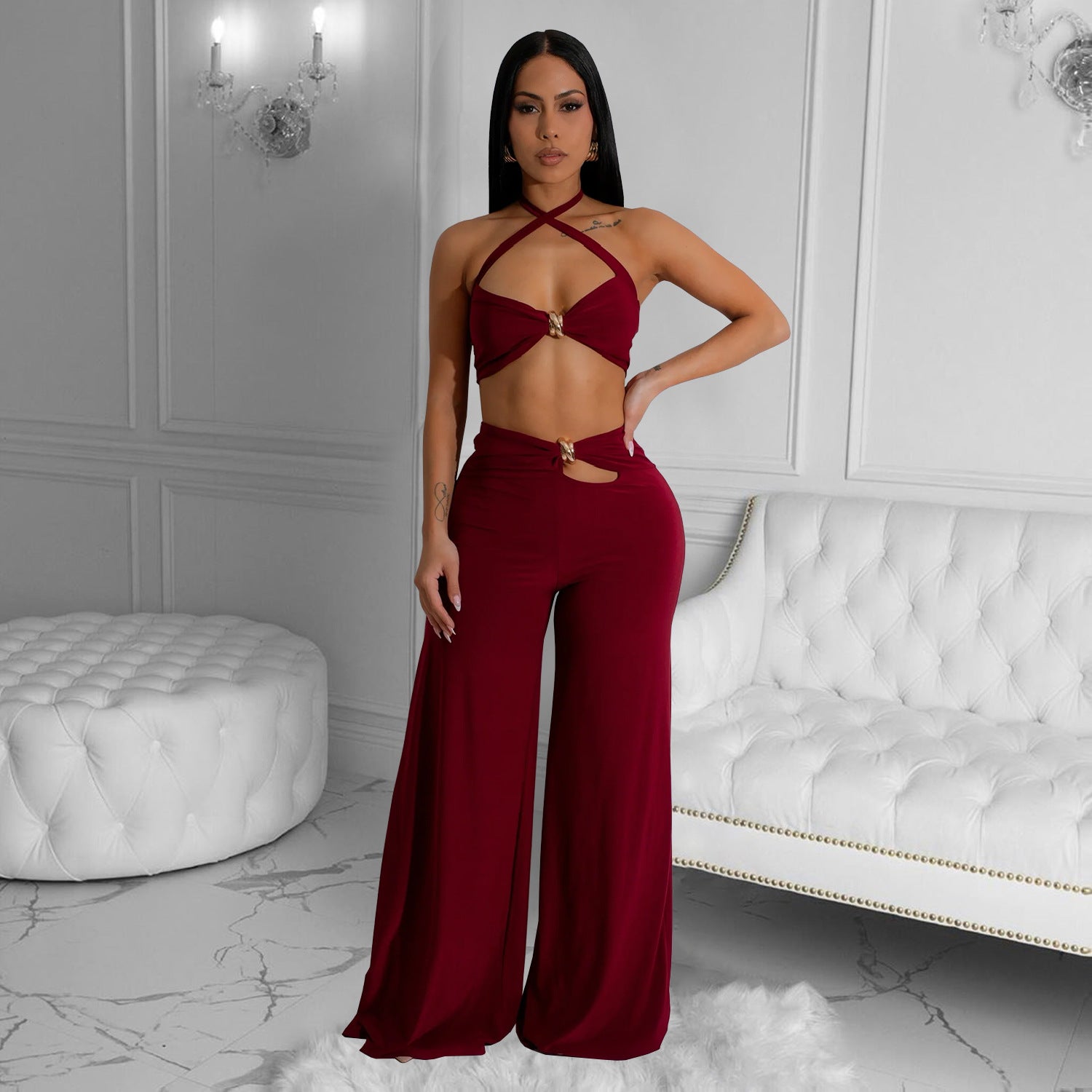 Women solid sexy strapless top and trousers two-piece suit 3