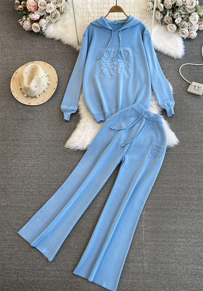 Trendy Women's Oversized Knit Hoodie High-Waisted Wide-Leg Pants Set