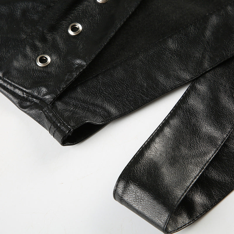 Punk Sexy Leather V-Neck Strap Vest Top Hollow Pin Buckle Adjustable Skirt Set 21