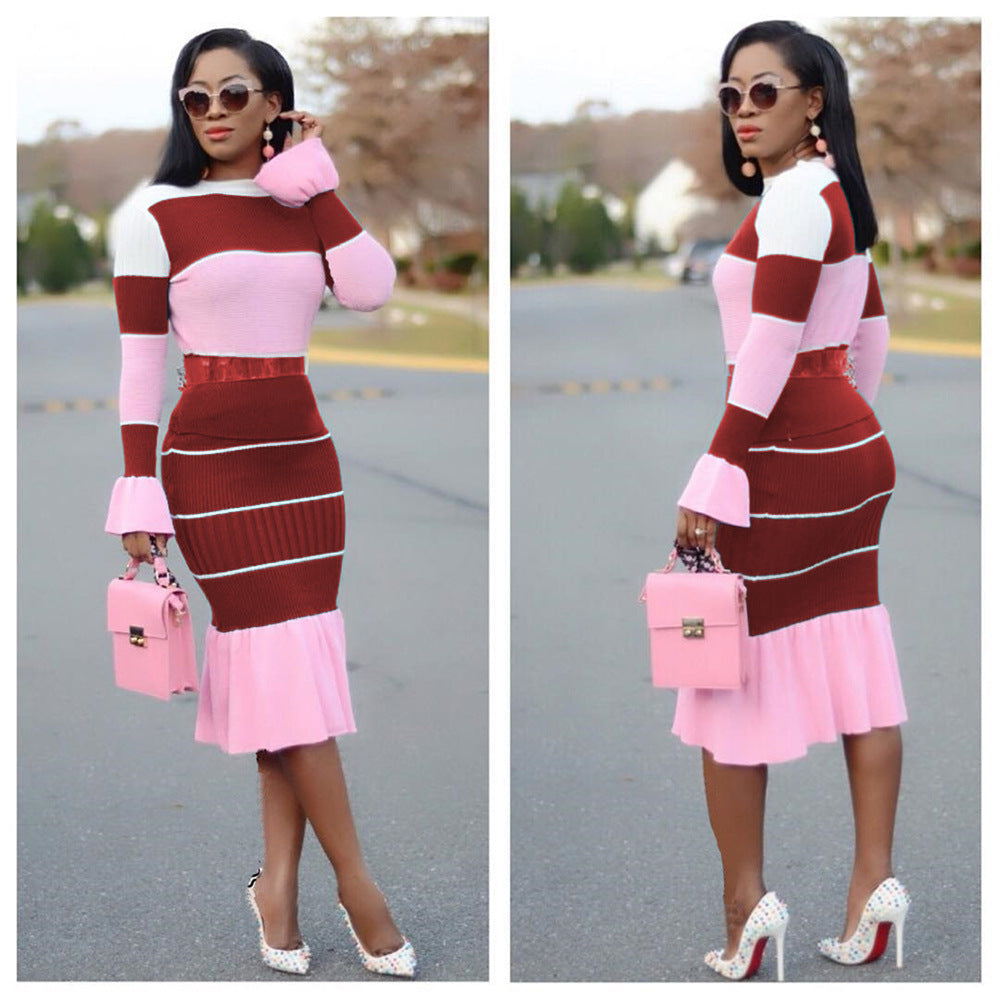 Women Fall Casual Striped Chiffon Patchwork Long Sleeve Top + Pants Two Piece Set 6