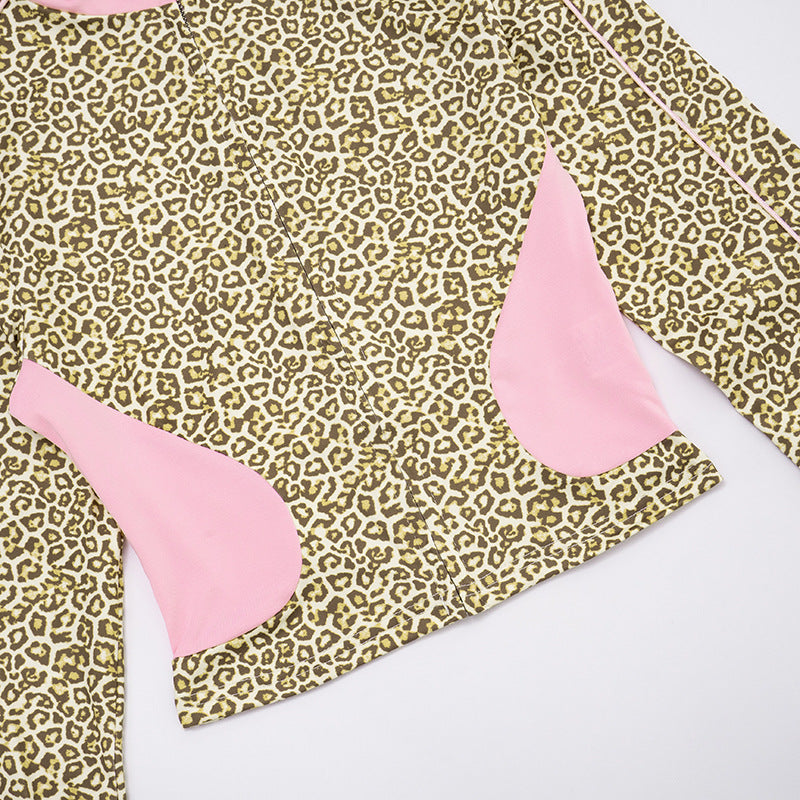Women's Leopard Print Color Block Long Sleeve Zipper Coat Drawstring Shorts Two-Piece Set 24