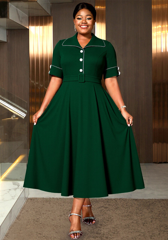 Plus Size Women's Turndown Collar Short Sleeve Dress Button Slim Waist Elegant Party Dress