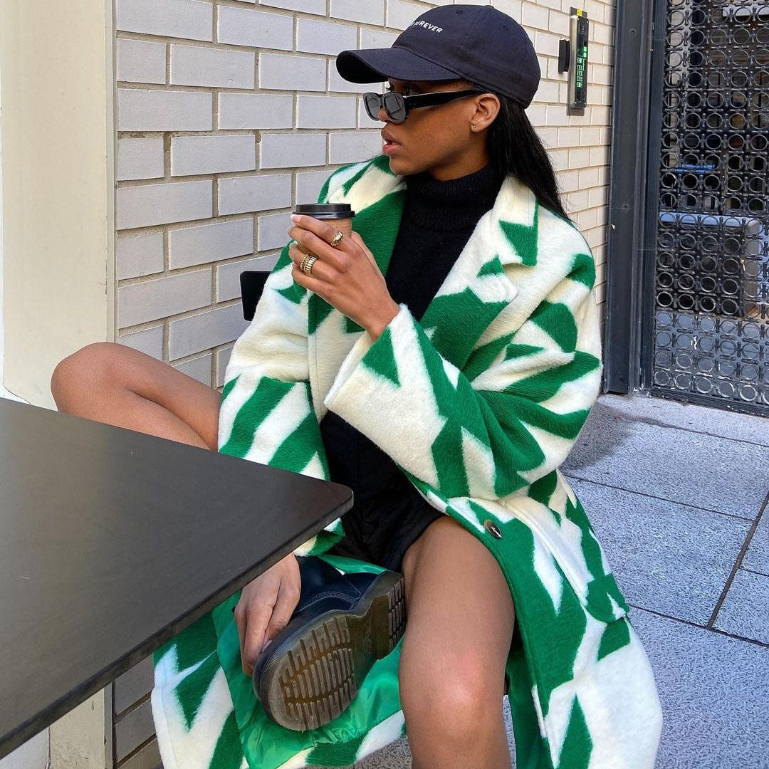 Women Color Block Long Sleeve Turndown Collar Print Jacket 3