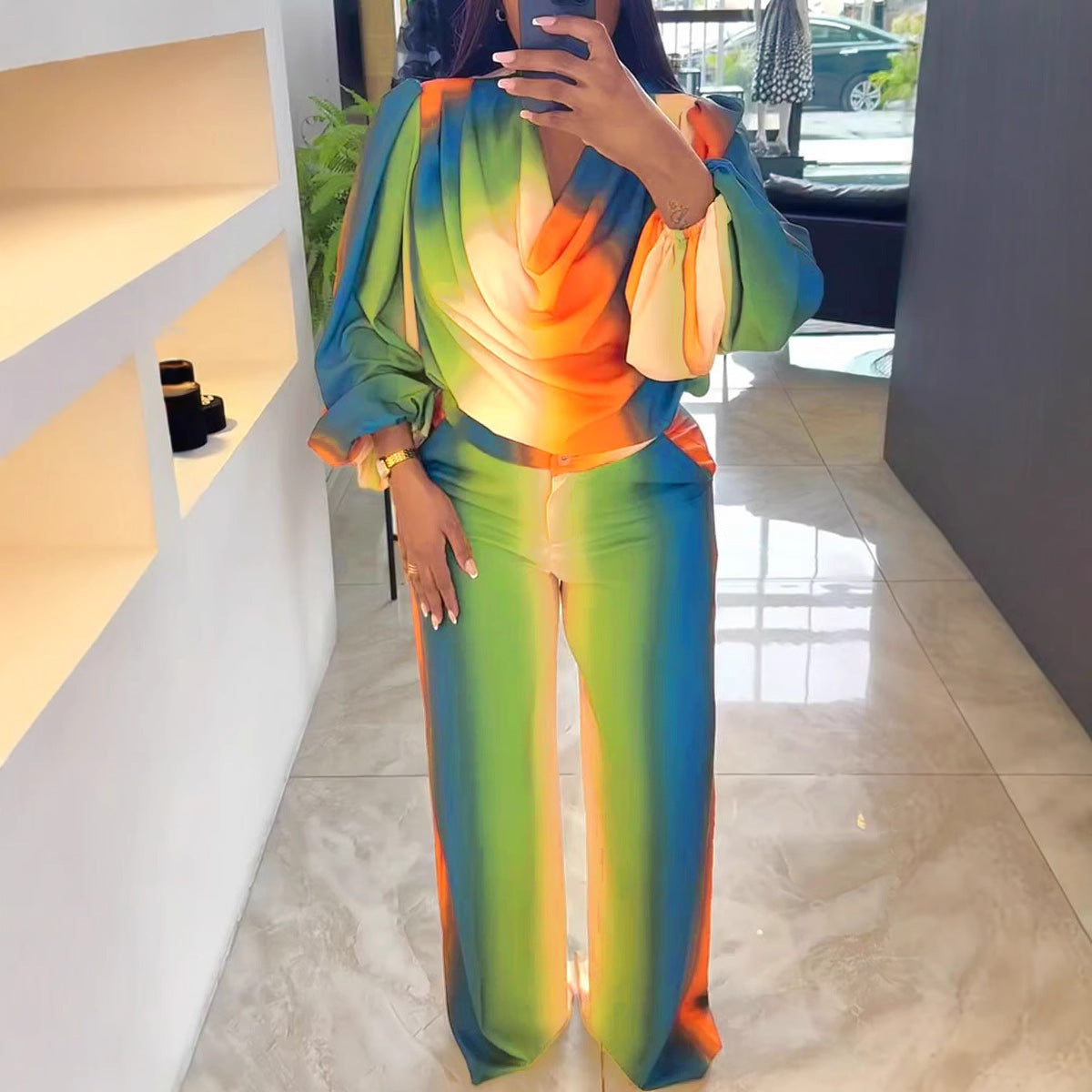 Women lantern sleeves Print swing collar top and wide-leg pants Two Piece Set