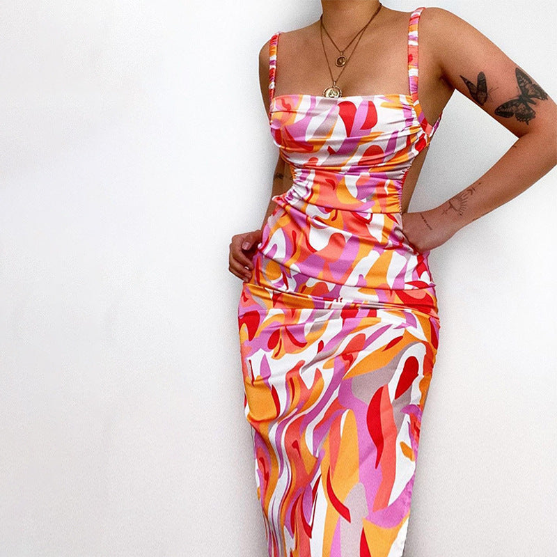 Women's Summer Fashion Print Low Back Lace-Up Slim Strap Dress 8