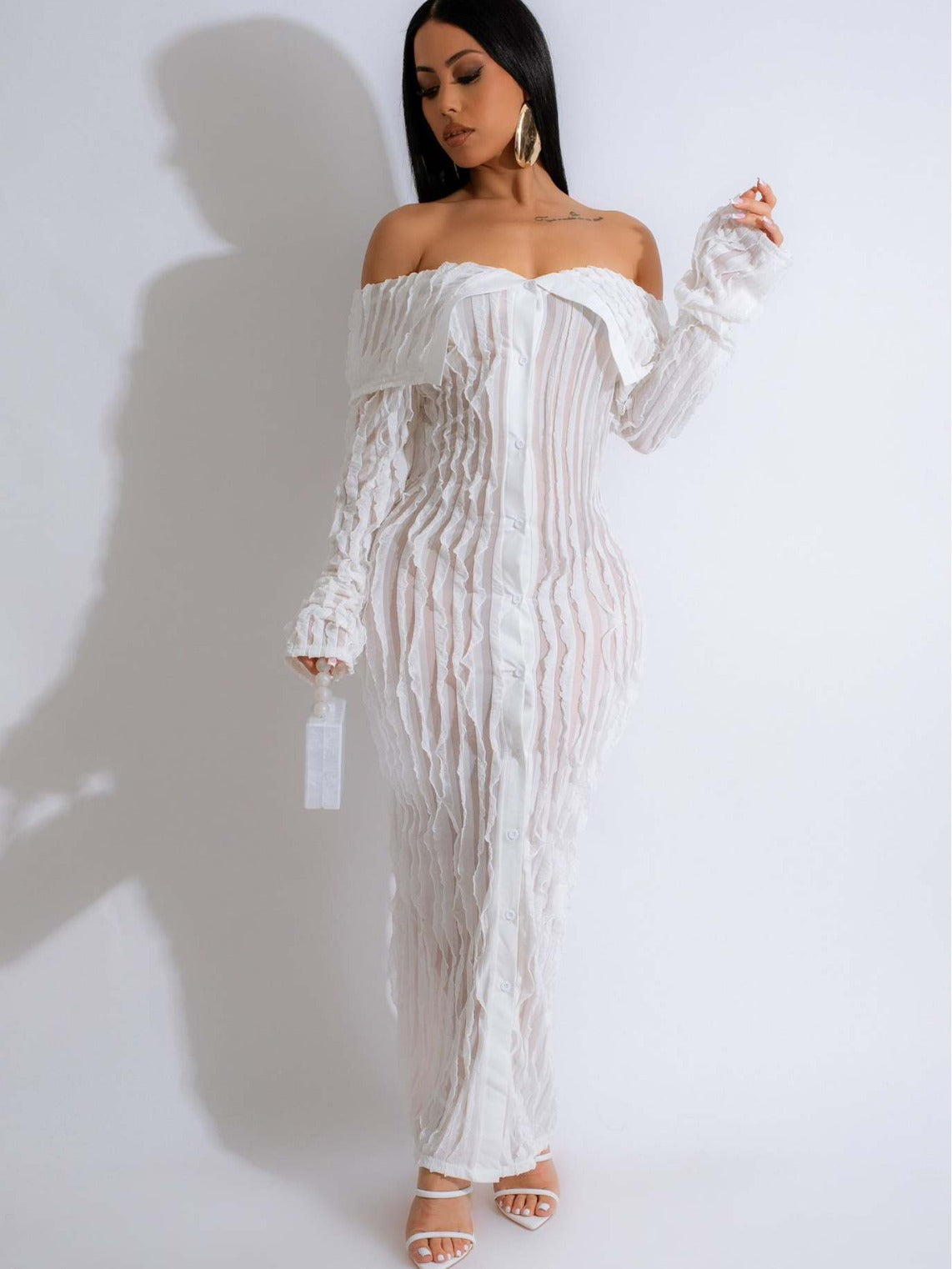 Women's Spring And Summer Sexy Turndown Collar Off Shoulder Long Sleeve Dress 7