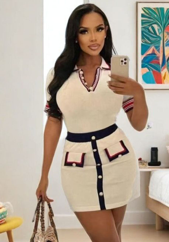 Women contrasting metal button knitting dress