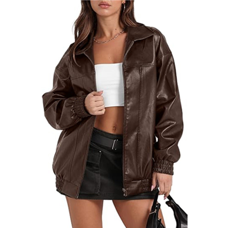 Women Long Sleeve Turndown Collar Zipper Pocket Casual Windbreaker Pu Leather Jacket 15