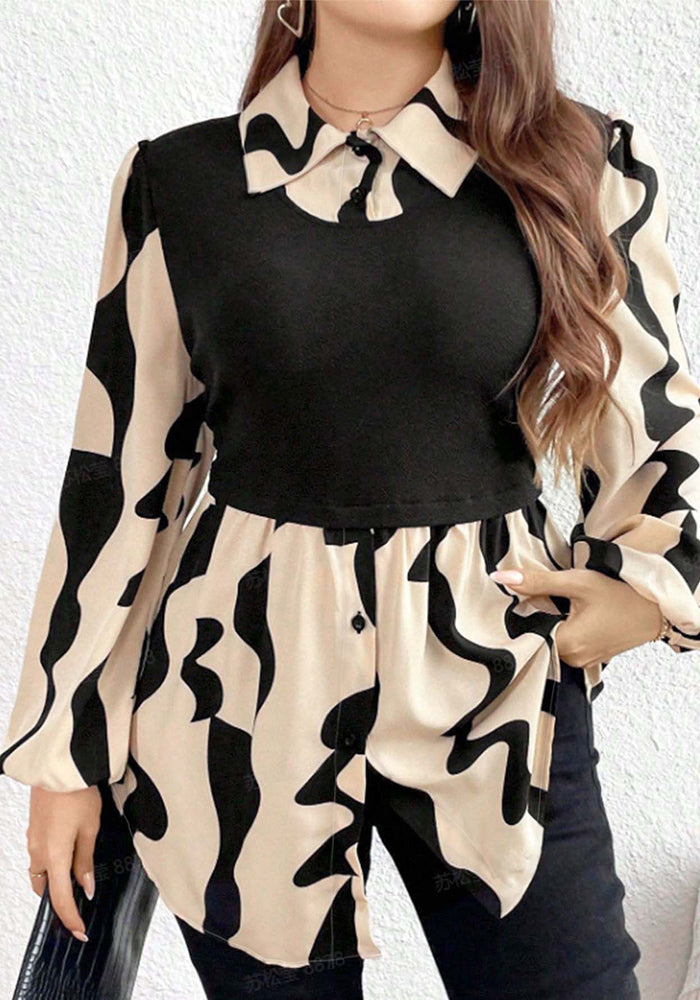 Women Spring Turndown Collar Black and White Patchwork Turndown Collar Wave Long Sleeve Shirt