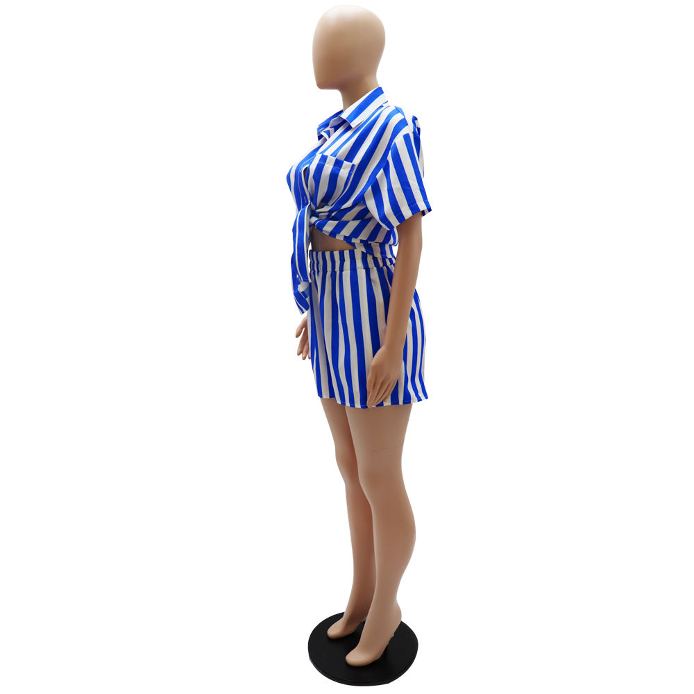 Striped Turndown Collar Long Sleeve Shirt Elastic Waist Shorts Set Two-Piece Set 13