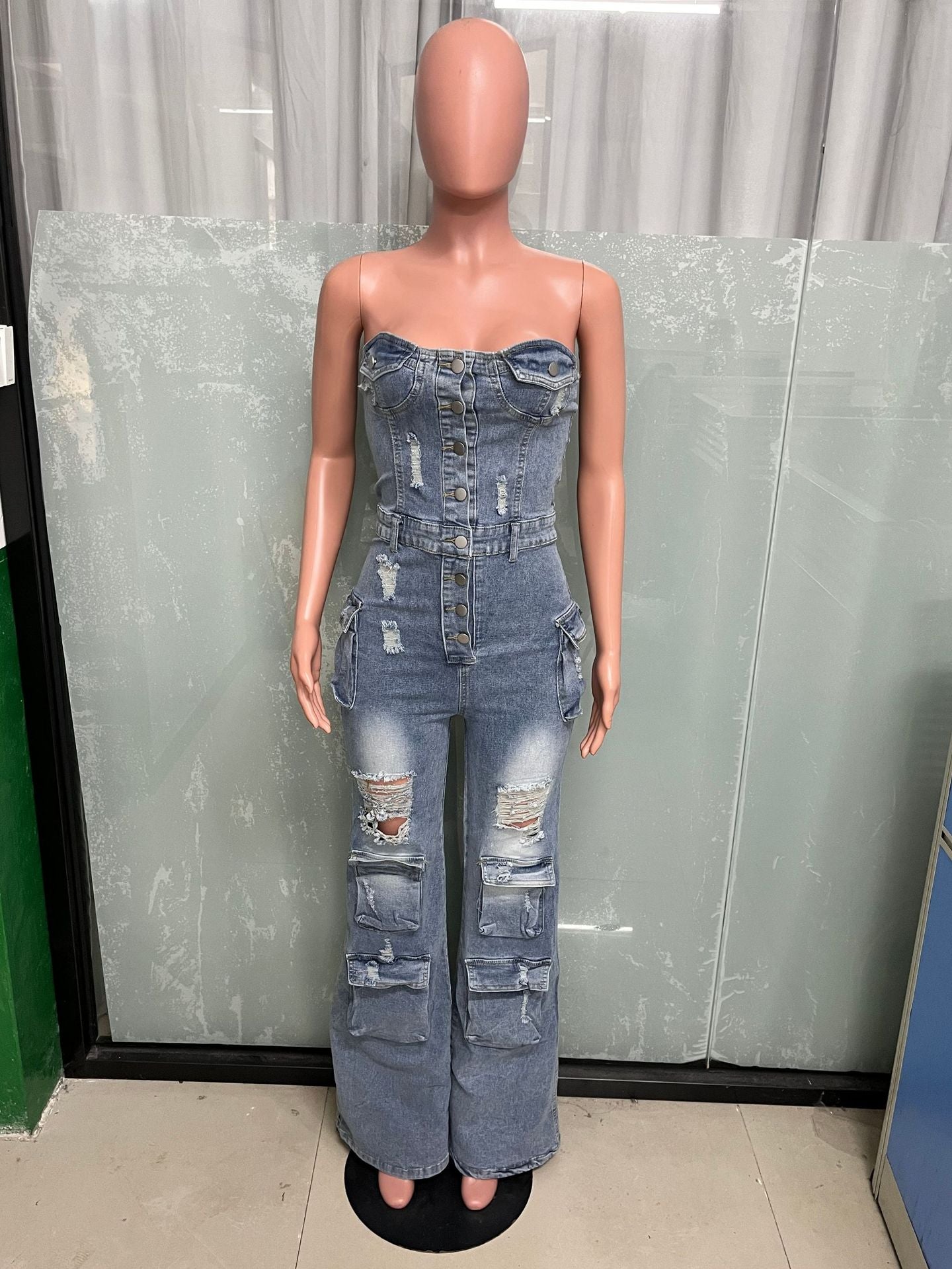 Women Casual Strapless Cargo Denim Jumpsuit 7