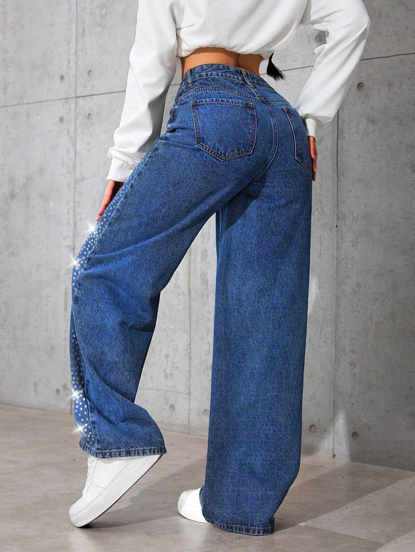 Women American Retro Blue Denim Beaded Butterfly Pants 3