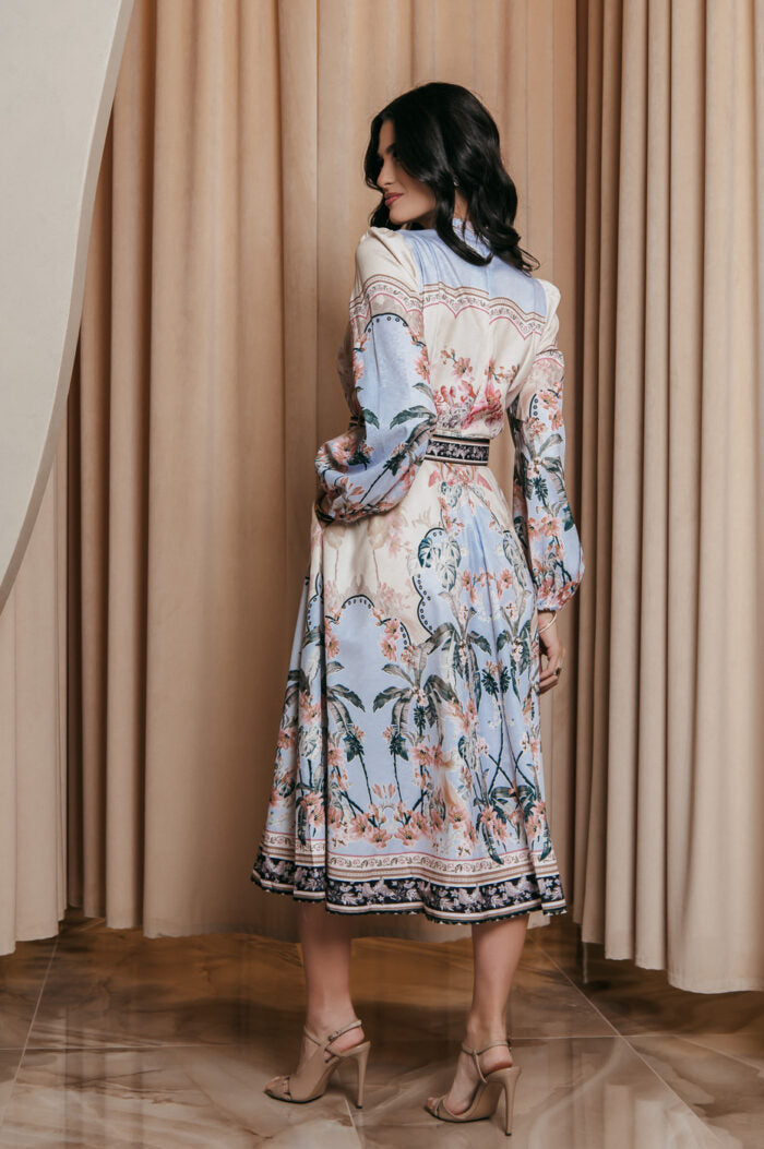 Elegant Print Row Jewelry Button Floral Lantern Sleeve Midi Dress with Belt 8