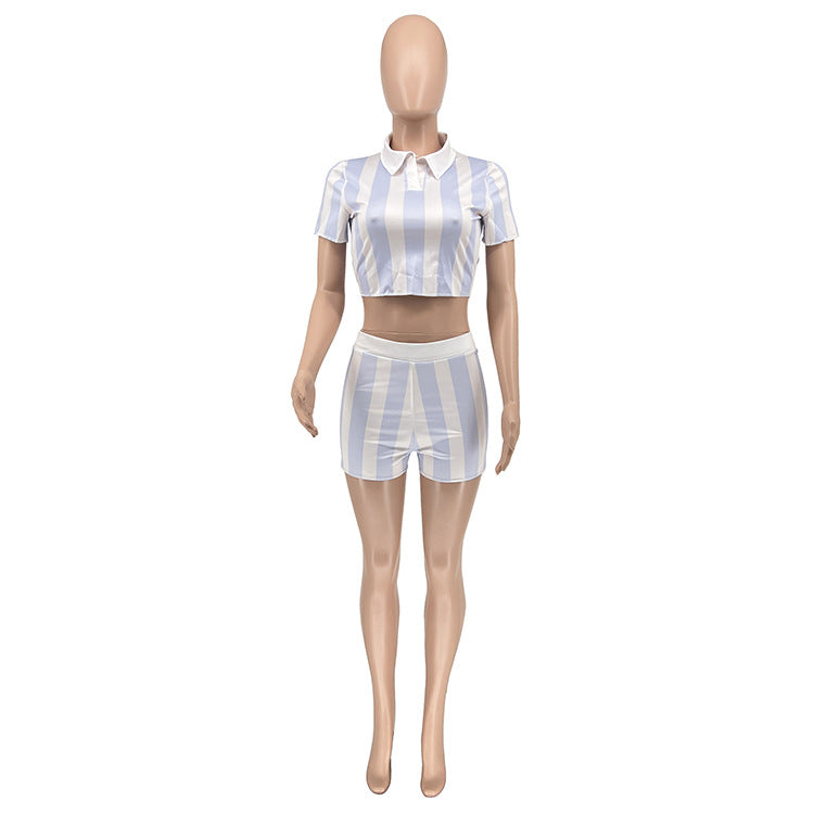 Women Summer Stripe Print Lace-Up Sexy Backless Two-Piece Set 20