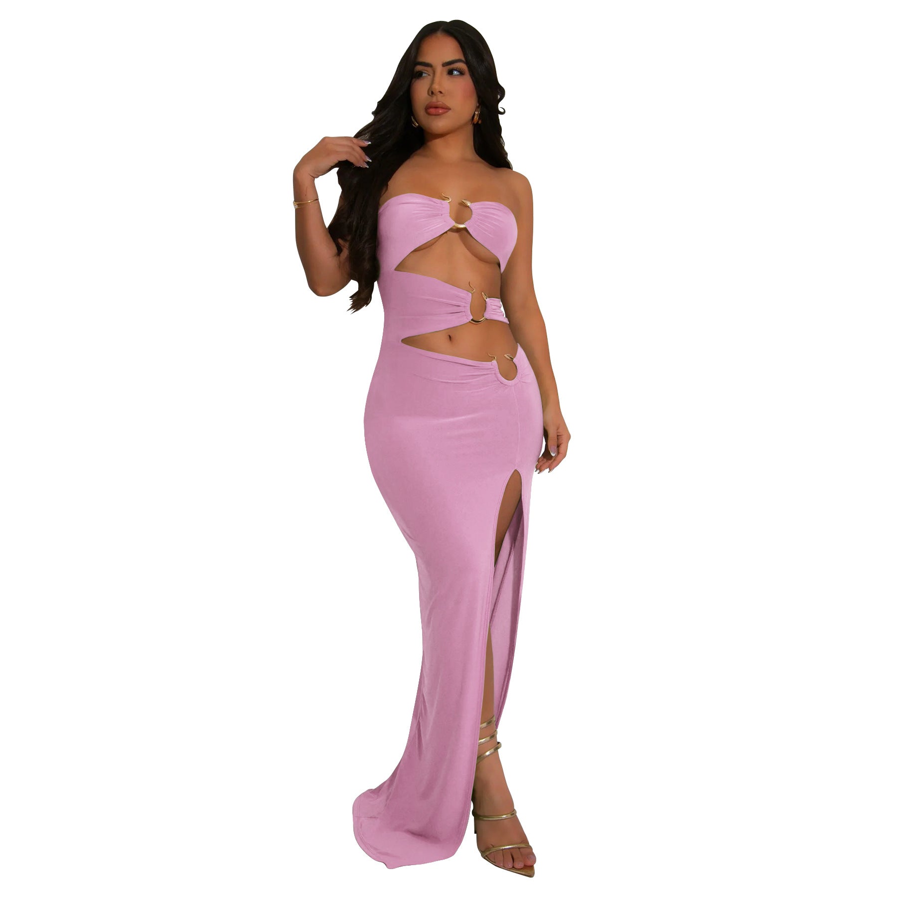 Fashion Women's Metal Decoration Solid Color Low Back Sexy Strapless Slit Long Dress 6